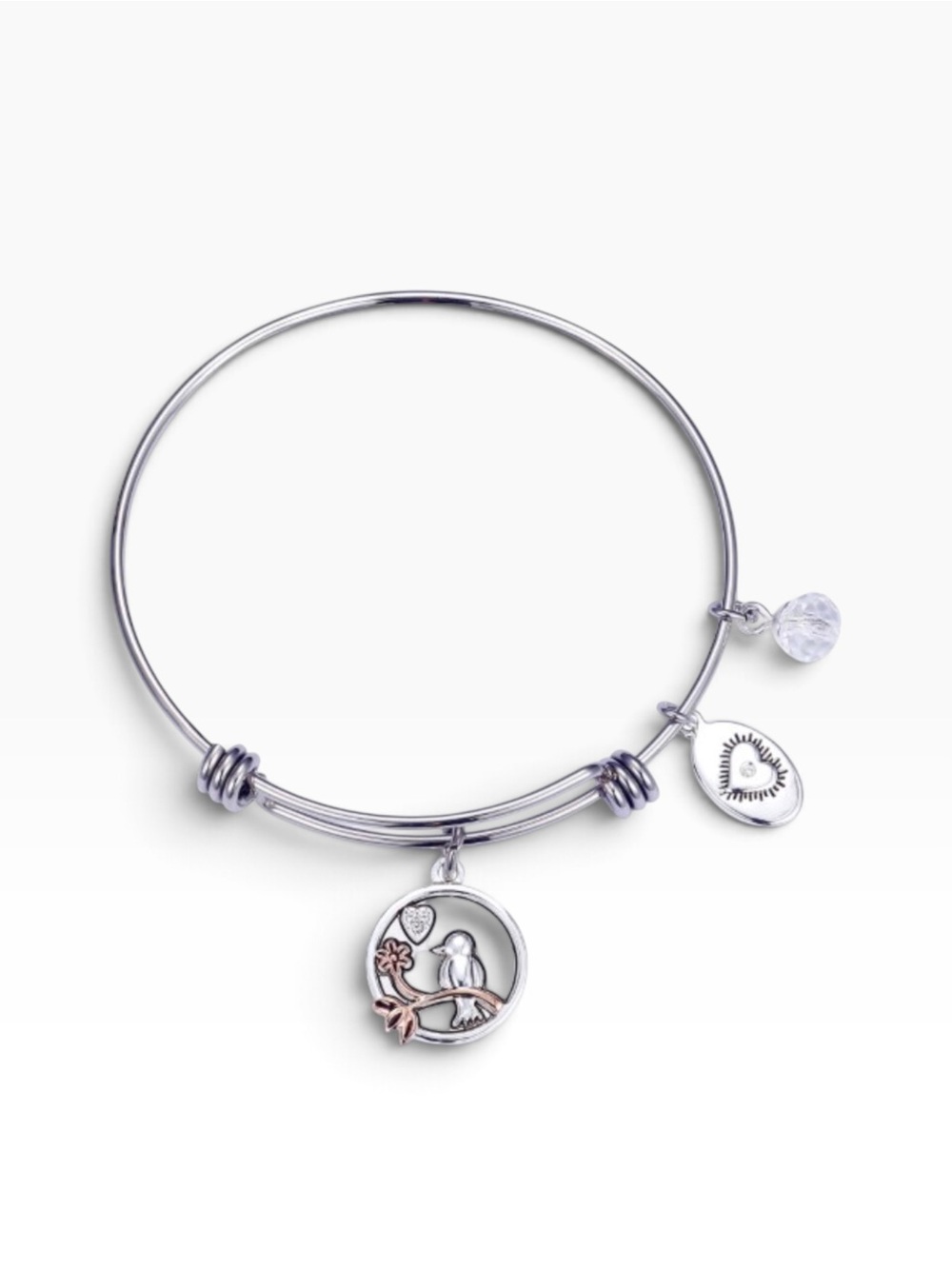 Silver Tone Bird on Branch Charm Bangle Bracelet - daughter spread your wings